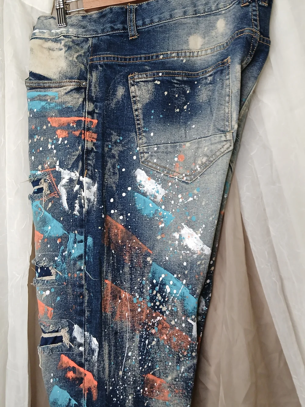 Slim Straight Men's Paint-Splatter Denim Jeans - Blue with Orange & Teal Accents